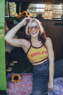 Soul Sister since 1969 - soulful yellow halter top with merlot trim vintage 70'S style