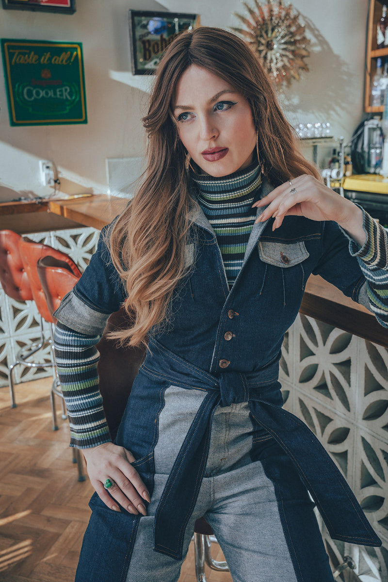 Funky Diva Jumpsuit - 2 Tone - Soul Sister since 1969 - stretch denim jumpsuit with a bold 70's inspired design, featuring a retro inspired silhouette and statement making style.