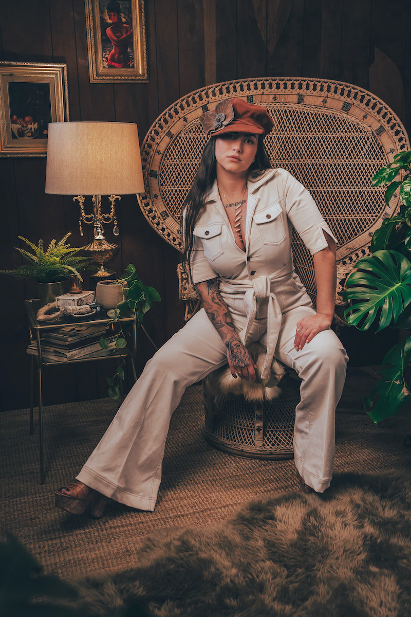 Stretch corduroy cream Diva jumpsuit with dramatic bell bottoms  designed for chic, sexy retro 70's inspired  silhouette