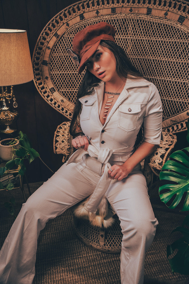 Stretch corduroy cream Diva jumpsuit with dramatic bell bottoms  designed for chic, sexy retro 70's inspired  silhouette