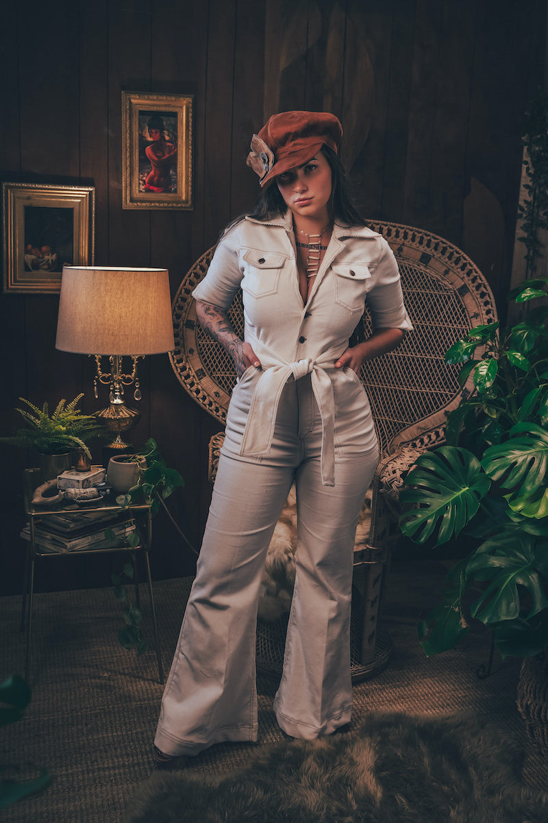 Stretch corduroy cream Diva jumpsuit with dramatic bell bottoms  designed for chic, sexy retro 70's inspired  silhouette