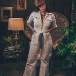 Stretch corduroy cream Diva jumpsuit with dramatic bell bottoms  designed for chic, sexy retro 70's inspired  silhouette