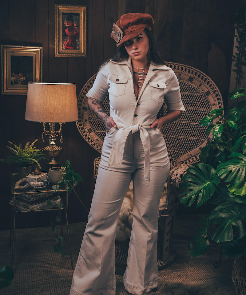 Stretch corduroy cream Diva jumpsuit with dramatic bell bottoms  designed for chic, sexy retro 70's inspired  silhouette