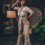 Stretch corduroy cream Diva jumpsuit with dramatic bell bottoms  designed for chic, sexy retro 70's inspired  silhouette