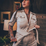 Stretch corduroy cream Diva jumpsuit with dramatic bell bottoms  designed for chic, sexy retro 70's inspired  silhouette