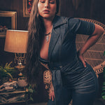 Lola Love stretch denim bell bottom  jumpsuit with belted waist, front pockets, and a bold 70's inspired silhouette for effortless retro cool by soul sister since 1969