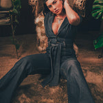 Lola Love stretch denim bell bottom  jumpsuit with belted waist, front pockets, and a bold 70's inspired silhouette for effortless retro cool by soul sister since 1969
