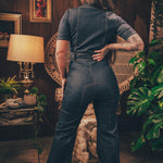 Lola Love stretch denim bell bottom  jumpsuit with belted waist, front pockets, and a bold 70's inspired silhouette for effortless retro cool by soul sister since 1969