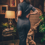Lola Love stretch denim bell bottom  jumpsuit with belted waist, front pockets, and a bold 70's inspired silhouette for effortless retro cool by soul sister since 1969