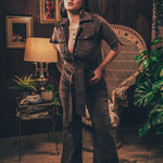 Stretch corduroy dark Chocolate brown Diva jumpsuit with dramatic bell bottoms  designed for chic, sexy retro 70's inspired  silhouette