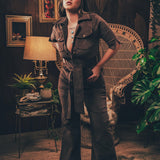 Stretch corduroy dark Chocolate brown Diva jumpsuit with dramatic bell bottoms  designed for chic, sexy retro 70's inspired  silhouette