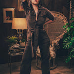 Stretch corduroy dark Chocolate brown Diva jumpsuit with dramatic bell bottoms  designed for chic, sexy retro 70's inspired  silhouette