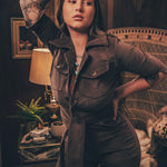 Stretch corduroy dark Chocolate brown Diva jumpsuit with dramatic bell bottoms  designed for chic, sexy retro 70's inspired  silhouette