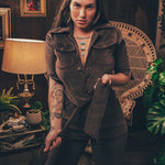Stretch corduroy dark Chocolate brown Diva jumpsuit with dramatic bell bottoms  designed for chic, sexy retro 70's inspired  silhouette