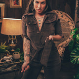 Stretch corduroy dark Chocolate brown Diva jumpsuit with dramatic bell bottoms  designed for chic, sexy retro 70's inspired  silhouette