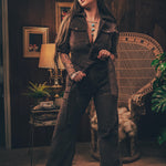 Stretch corduroy dark Chocolate brown Diva jumpsuit with dramatic bell bottoms  designed for chic, sexy retro 70's inspired  silhouette