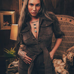 Stretch corduroy dark Chocolate brown Diva jumpsuit with dramatic bell bottoms  designed for chic, sexy retro 70's inspired  silhouette
