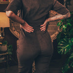 Stretch corduroy dark Chocolate brown Diva jumpsuit with dramatic bell bottoms  designed for chic, sexy retro 70's inspired  silhouette