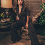 Stretch corduroy dark Chocolate brown Diva jumpsuit with dramatic bell bottoms  designed for chic, sexy retro 70's inspired  silhouette