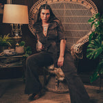 Stretch corduroy dark Chocolate brown Diva jumpsuit with dramatic bell bottoms  designed for chic, sexy retro 70's inspired  silhouette