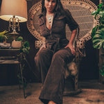 Stretch corduroy dark Chocolate brown Diva jumpsuit with dramatic bell bottoms  designed for chic, sexy retro 70's inspired  silhouette