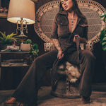 Stretch corduroy dark Chocolate brown Diva jumpsuit with dramatic bell bottoms  designed for chic, sexy retro 70's inspired  silhouette