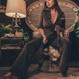 Stretch corduroy dark Chocolate brown Diva jumpsuit with dramatic bell bottoms  designed for chic, sexy retro 70's inspired  silhouette
