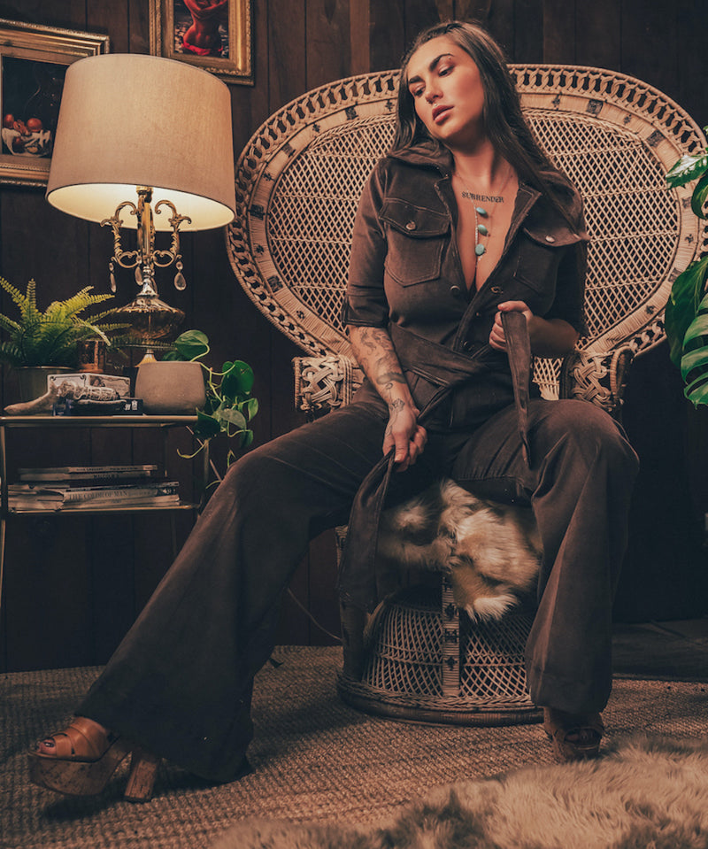 Stretch corduroy dark Chocolate brown Diva jumpsuit with dramatic bell bottoms  designed for chic, sexy retro 70's inspired  silhouette