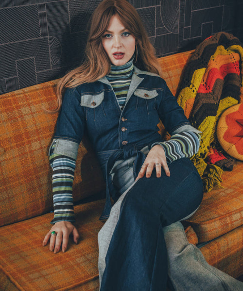 Funky Diva Jumpsuit - 2 Tone - Soul Sister since 1969 - stretch denim jumpsuit with a bold 70's inspired design, featuring a retro inspired silhouette and statement making style.