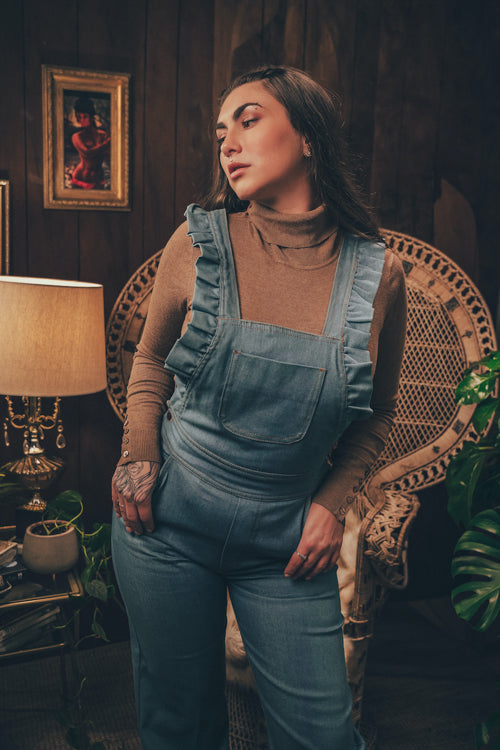 soul sister since 1969 - Cute funky feminine stretch denim Overalls with frill detail - 70's retro
