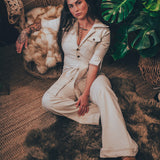 Stretch corduroy cream Diva jumpsuit with dramatic bell bottoms  designed for chic, sexy retro 70's inspired  silhouette