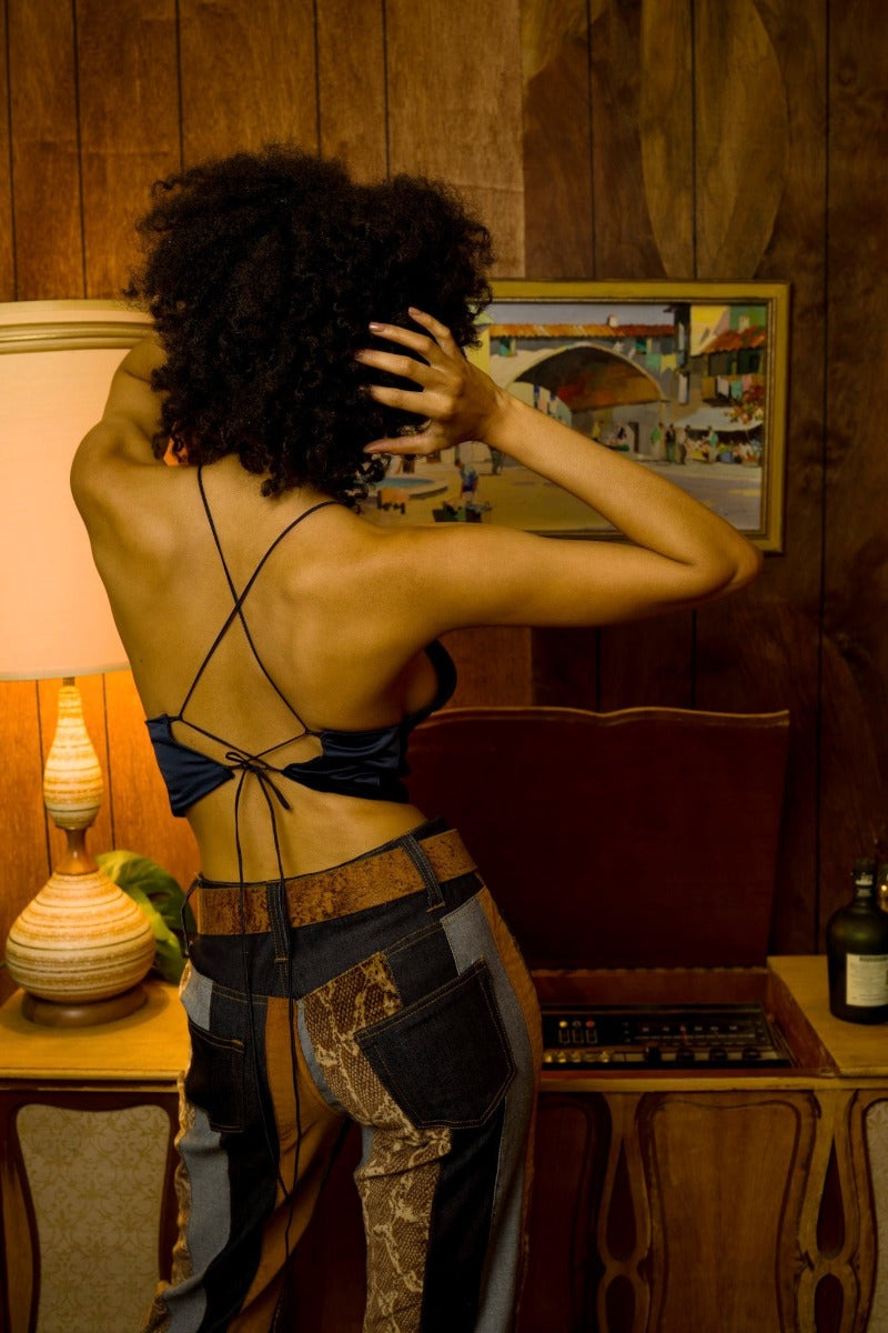 Stevie Backless Halter - Navy Satin - Soul Sister Since 1969