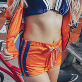 Soul Sister since 1969 orange retro bomber jacket on beauty blonde babe