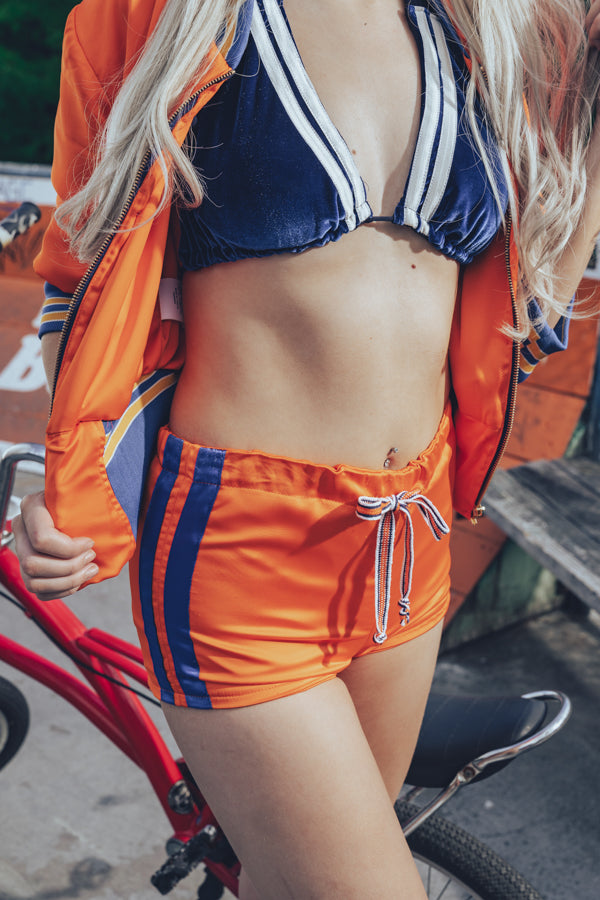 Soul Sister since 1969 orange retro bomber jacket on beauty blonde babe