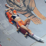 Soul Sister since 1969 orange retro bomber jacket on beauty blonde babe in skateboard bowl 