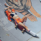 Soul Sister since 1969 orange retro bomber jacket on beauty blonde babe in skateboard bowl 