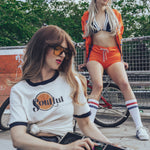 Soul Sister since 1969 orange retro bomber jacket on beauty blonde babe