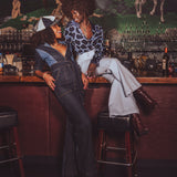 full body image of a Two-Tone Denim  70s style Jumpsuit by Soul Sister since 1969