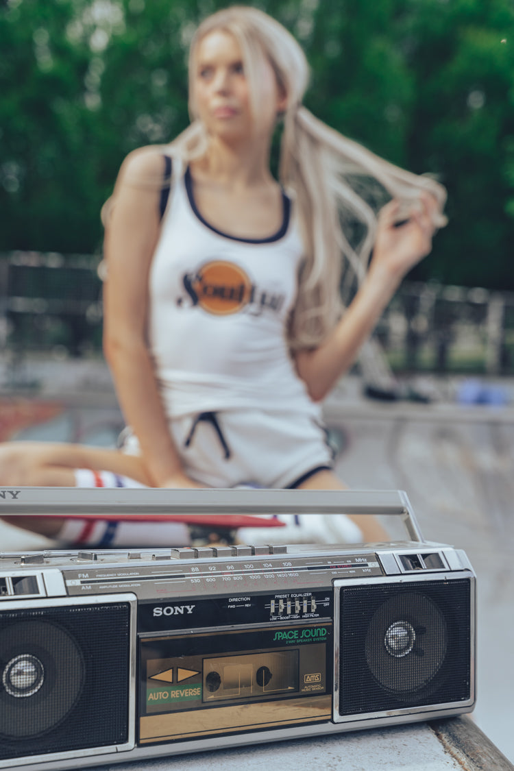 Billy Jean Sport Shorts & Soulful Tee Shirt on Soul Sister since 1969 model with old school ghetto blaster