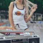 Billy Jean Sport Shorts & Soulful Tee Shirt on Soul Sister since 1969 model with old school ghetto blaster