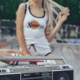 Billy Jean Sport Shorts & Soulful Tee Shirt on Soul Sister since 1969 model with old school ghetto blaster