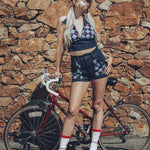 High waisted stretch denim shorts with cherry patchwork front pockets and halter top -Soul Sister since 1969