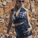 High waisted stretch denim shorts with cherry patchwork front pockets and halter top -Soul Sister since 1969