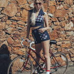 High waisted stretch denim shorts with cherry patchwork front pockets and halter top -Soul Sister since 1969