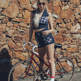 High waisted stretch denim shorts with cherry patchwork front pockets and halter top -Soul Sister since 1969