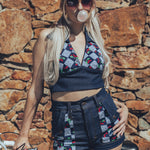 High waisted stretch denim shorts with cherry patchwork front pockets and halter top -Soul Sister since 1969