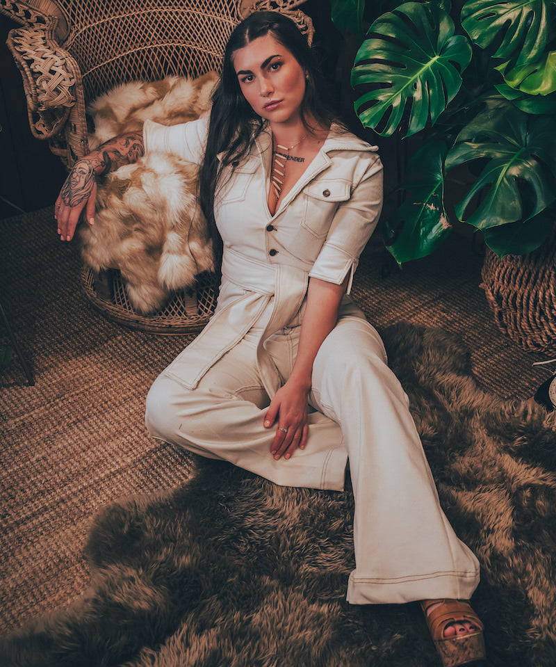 Cream flared leg jumpsuit in stretch corduroy by independent Vancouver fashion brand Soul Sister