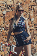 High waisted stretch denim shorts with cherry patchwork front pockets -Soul Sister since 1969