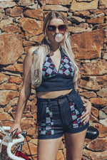 High waisted stretch denim shorts with cherry patchwork front pockets -Soul Sister since 1969