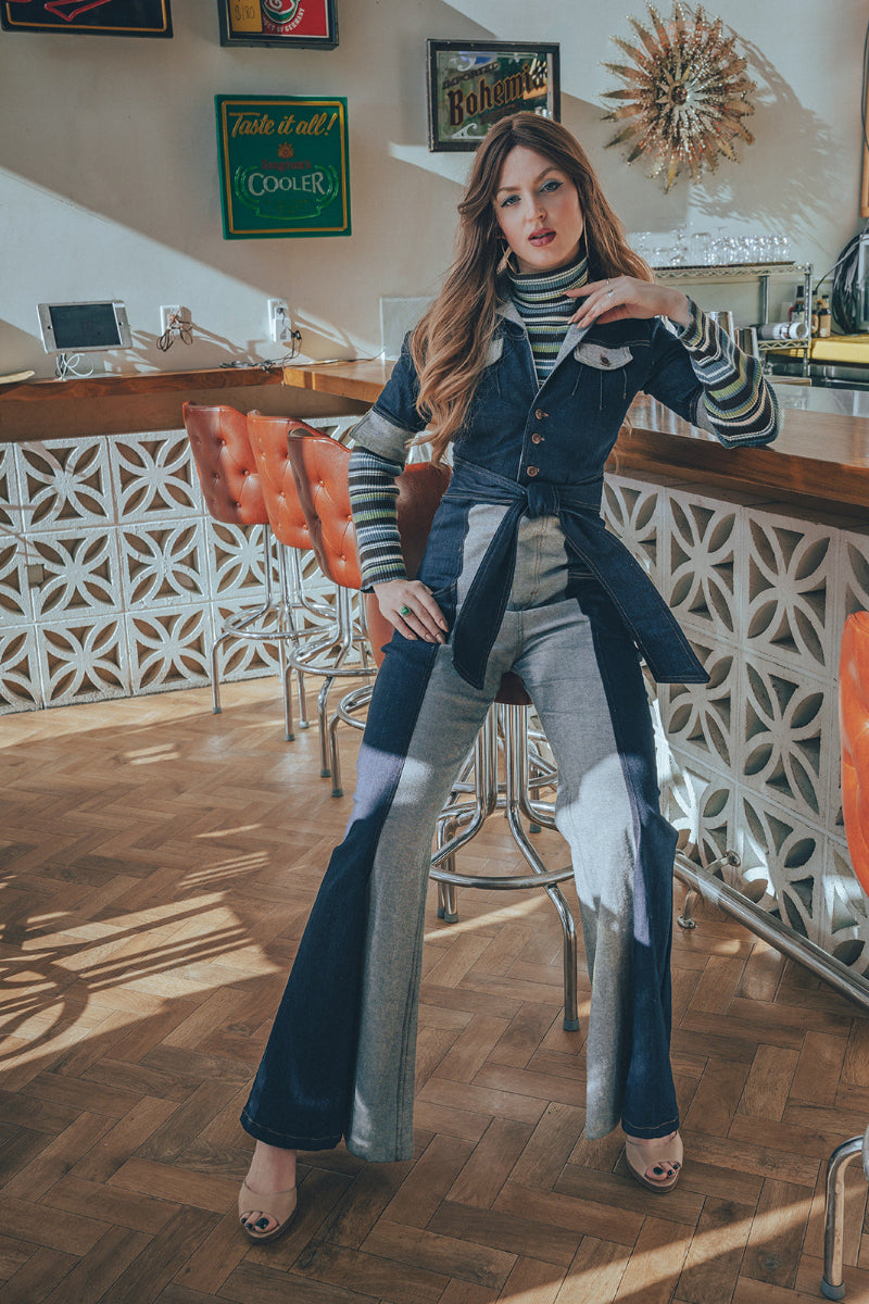 Funky Diva Jumpsuit - 2 Tone - Soul Sister since 1969 - stretch denim jumpsuit with a bold 70's inspired design, featuring a retro inspired silhouette and statement making style.